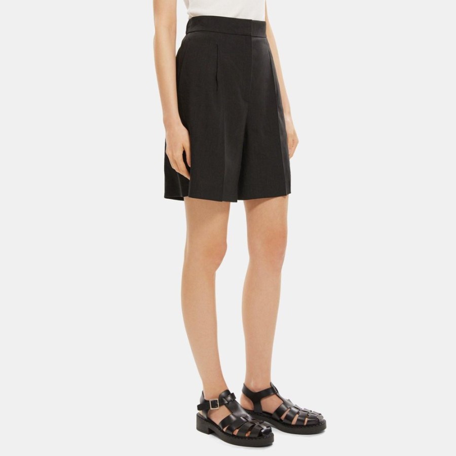 Women Theory Outlet | Pleated Short In Linen-Blend Black