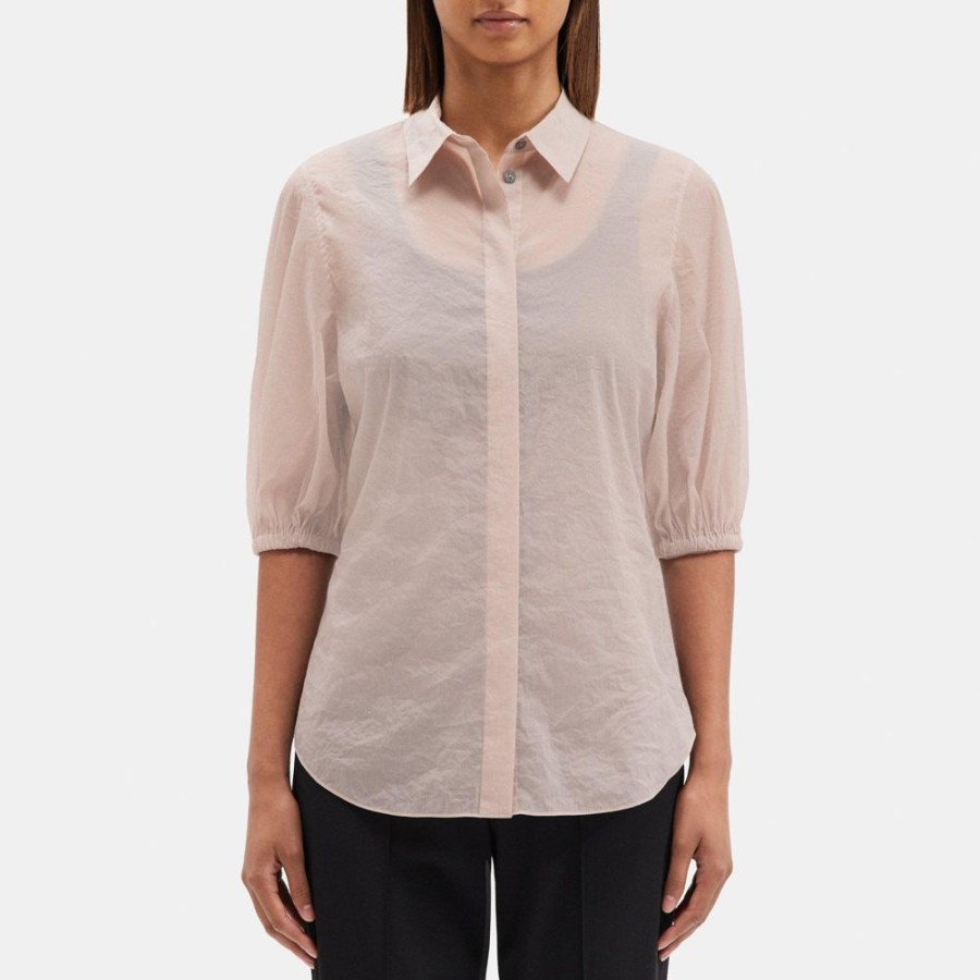 Women Theory Outlet | Cinched Short-Sleeve Shirt In Tech Taffeta