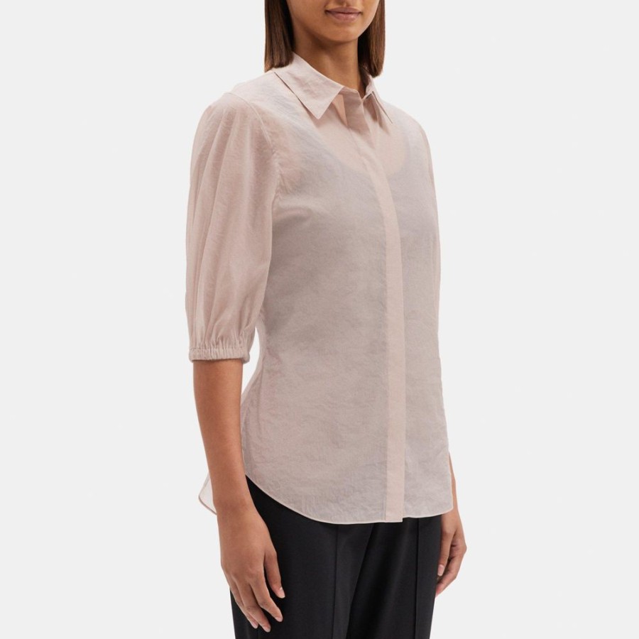 Women Theory Outlet | Cinched Short-Sleeve Shirt In Tech Taffeta