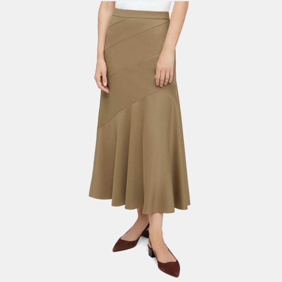 Women Theory Outlet | Diagonal Midi Skirt In Wool Flannel Dark Beige