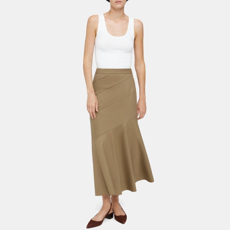 Women Theory Outlet | Diagonal Midi Skirt In Wool Flannel Dark Beige