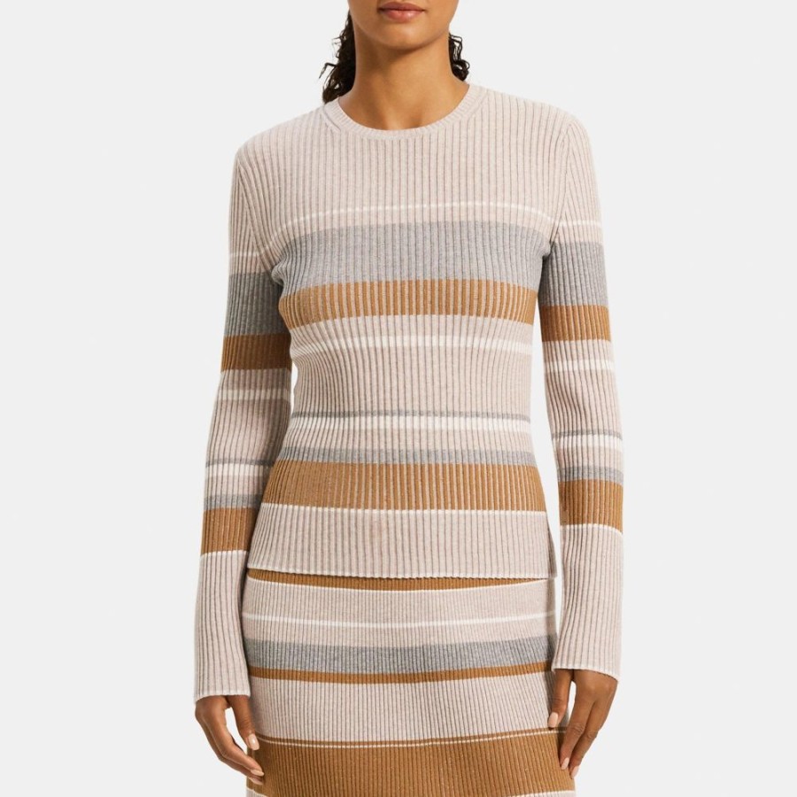 Women Theory Outlet | Striped Slim-Fit Sweater In Stretch Viscose Knit Camel Multi