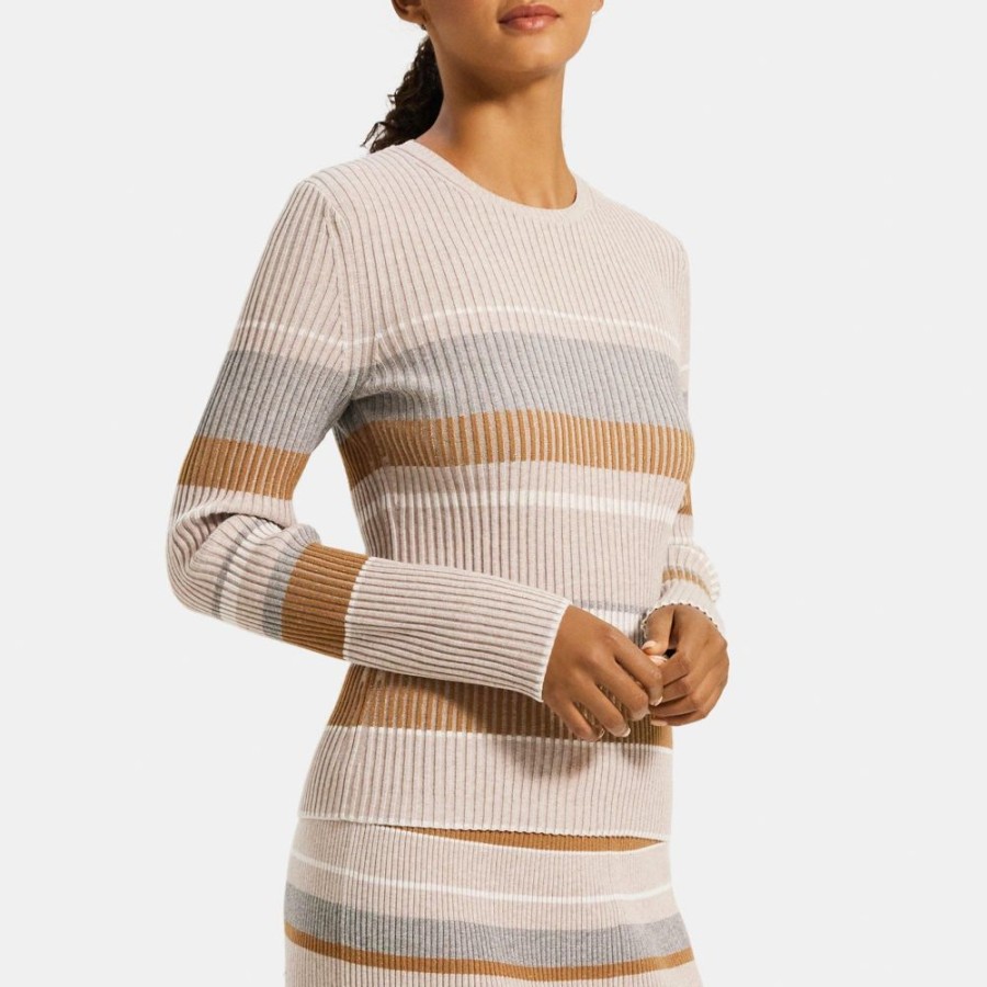 Women Theory Outlet | Striped Slim-Fit Sweater In Stretch Viscose Knit Camel Multi