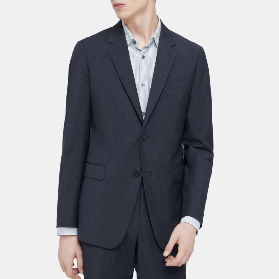 Men Theory Outlet | Structured Blazer In Striped Wool Baltic/Atlantic