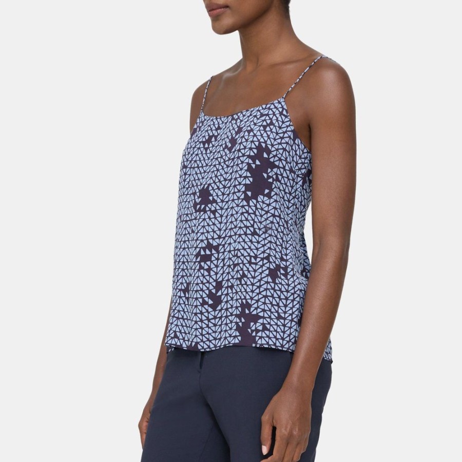 Women Theory Outlet | Smocked Camisole In Geometric Silk Crepe Blue Multi