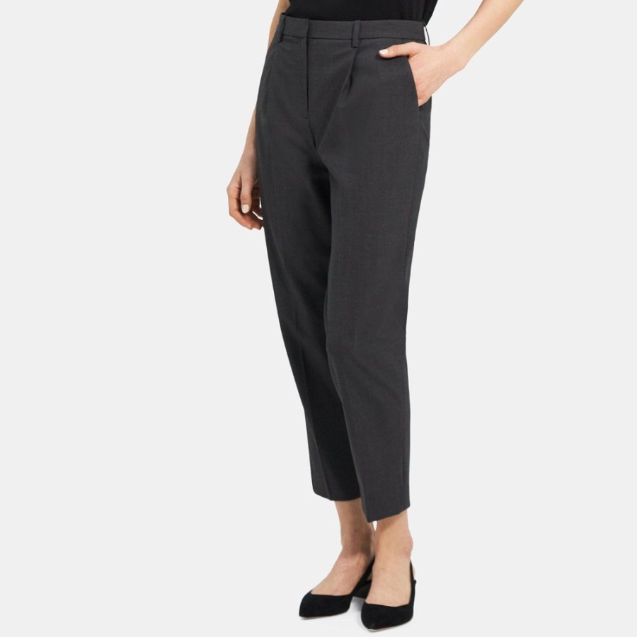 Women Theory Outlet | Pleated Pull-On Pant In Wool Flannel New Charcoal Melange