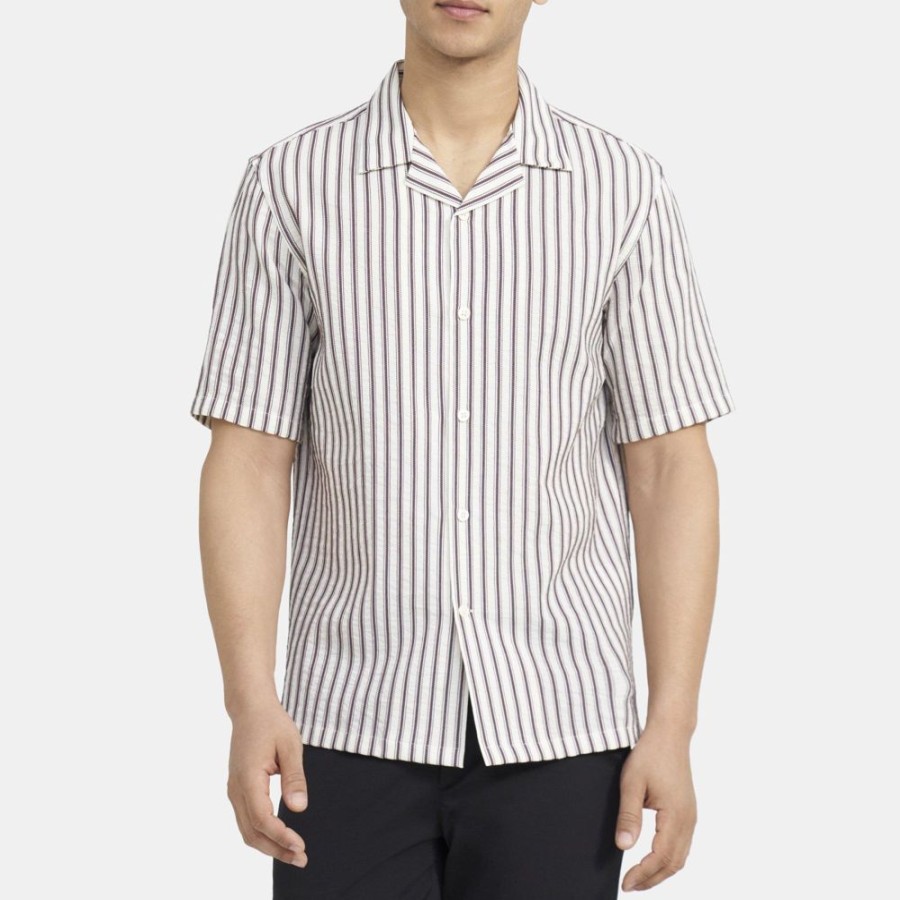 Men Theory Outlet | Short-Sleeve Shirt In Striped Cotton-Blend Muslin Stripe