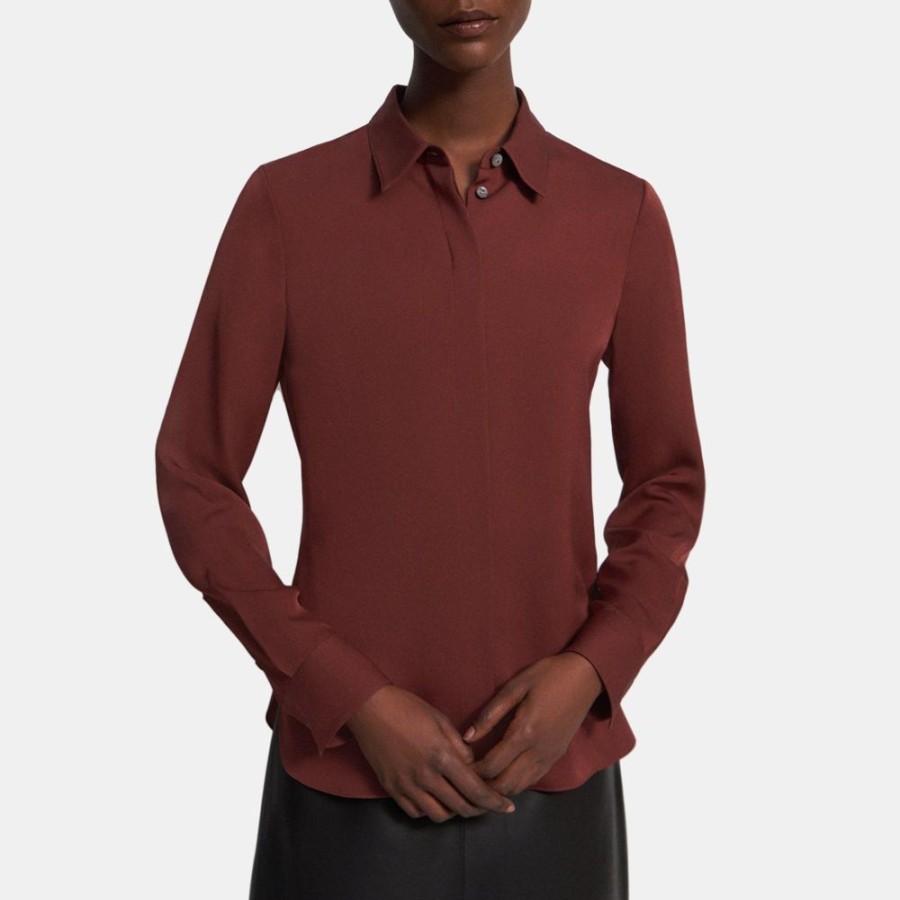 Women Theory Outlet | Fitted Shirt In Silk Georgette Oxblood