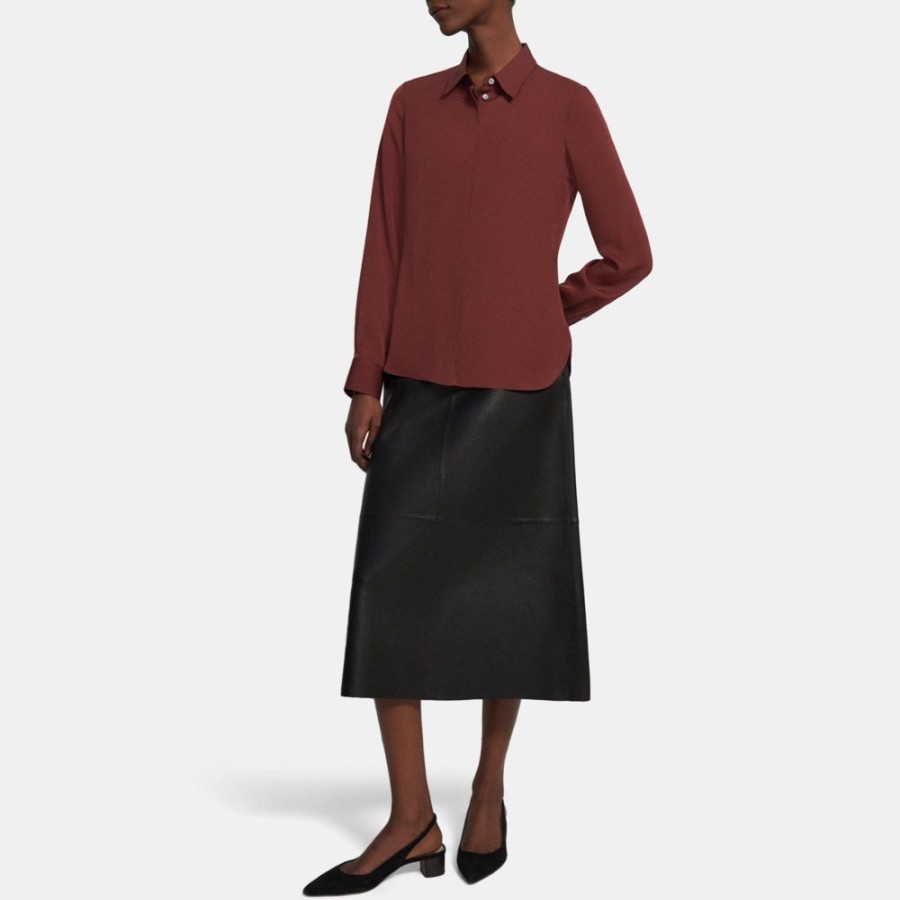 Women Theory Outlet | Fitted Shirt In Silk Georgette Oxblood