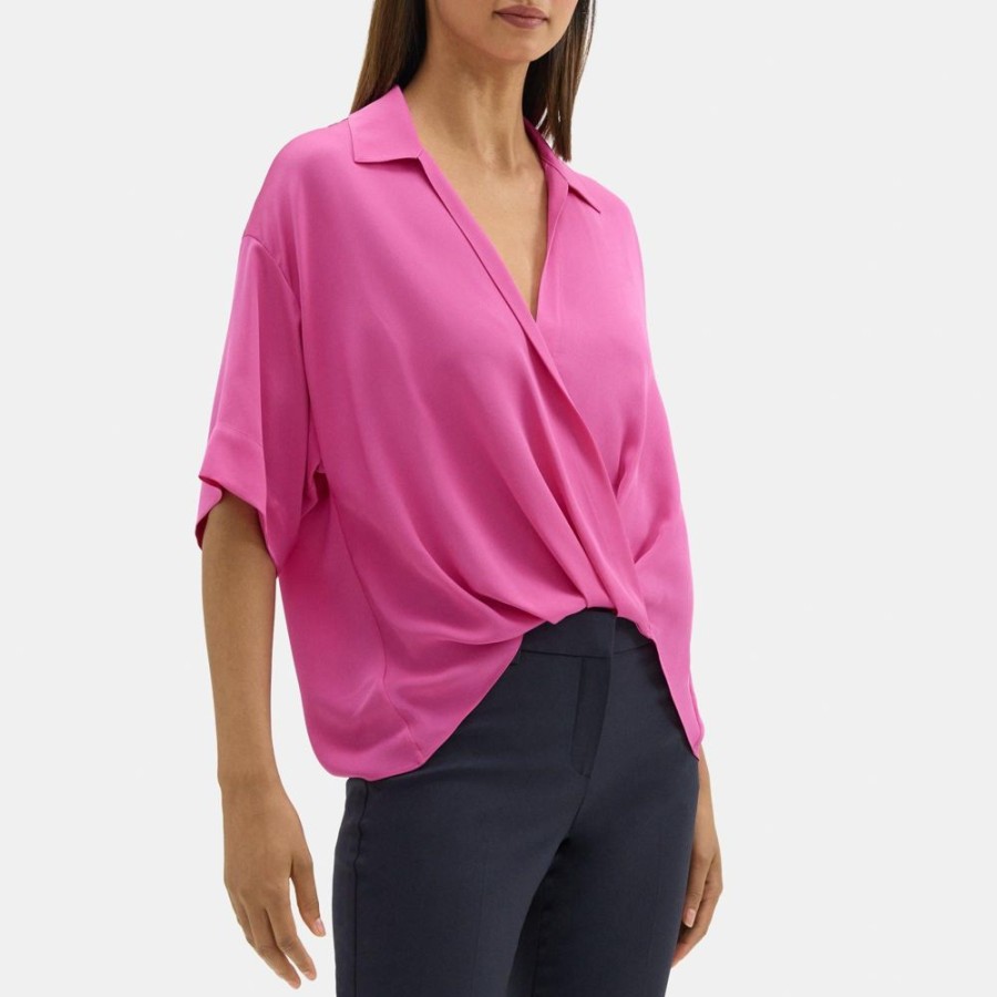 Women Theory Outlet | Twisted Short-Sleeve Blouse In Silk Georgette Carnation