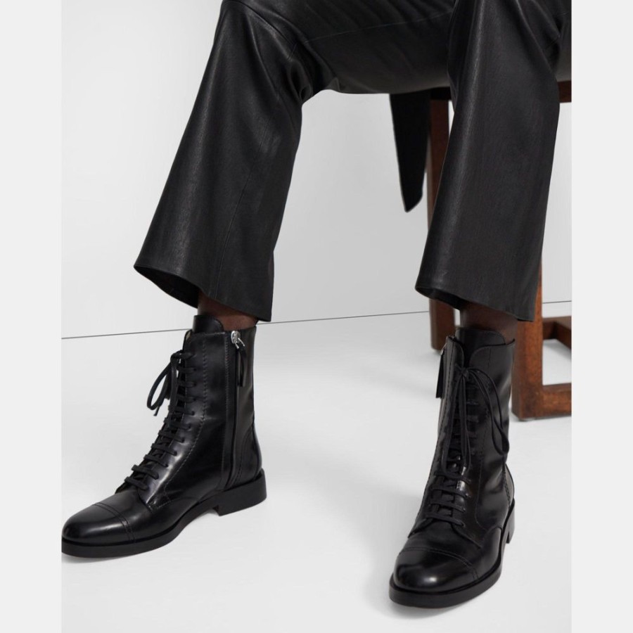 Women Theory Outlet | Laced Boot In Satin Leather Black