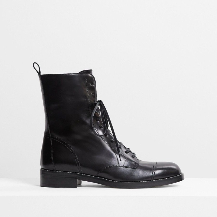 Women Theory Outlet | Laced Boot In Satin Leather Black