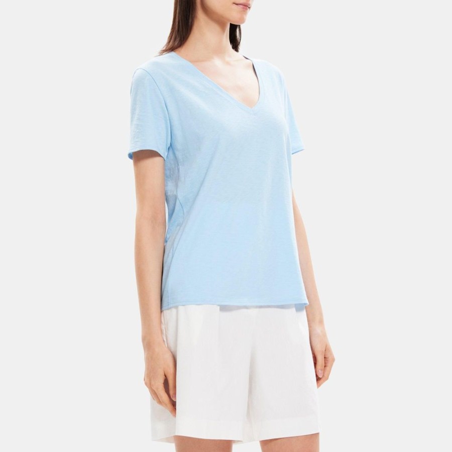 Women Theory Outlet | V-Neck Tee In Slub Cotton Bay Blue