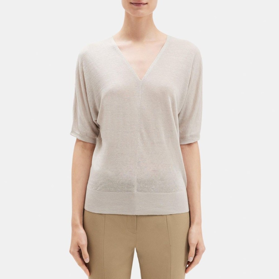 Women Theory Outlet | V-Neck Short-Sleeve Sweater In Knit Linen Faded Oat