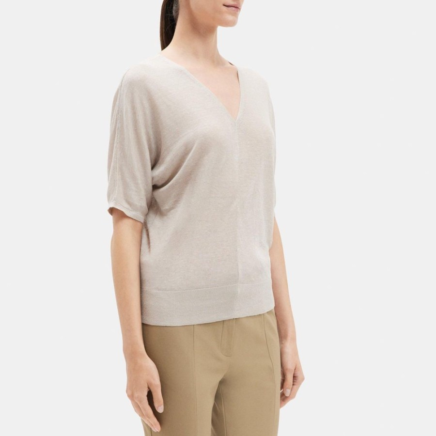 Women Theory Outlet | V-Neck Short-Sleeve Sweater In Knit Linen Faded Oat