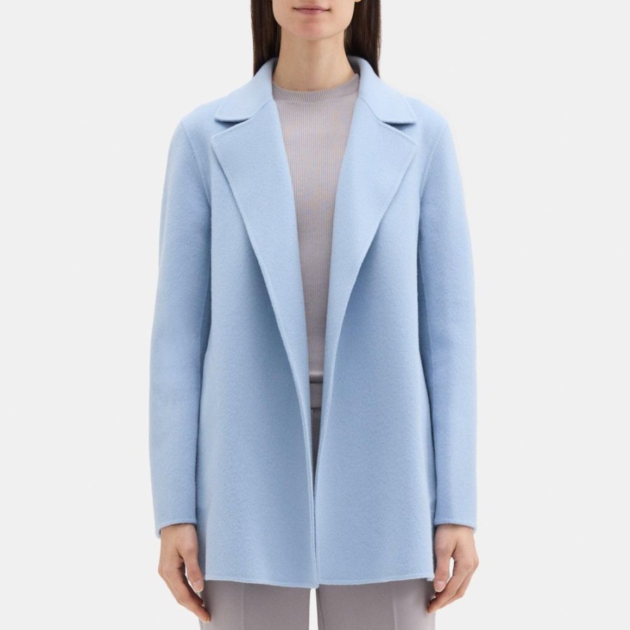 Women Theory Outlet | Open Front Coat In Double-Face Wool-Cashmere Blue Fog Melange