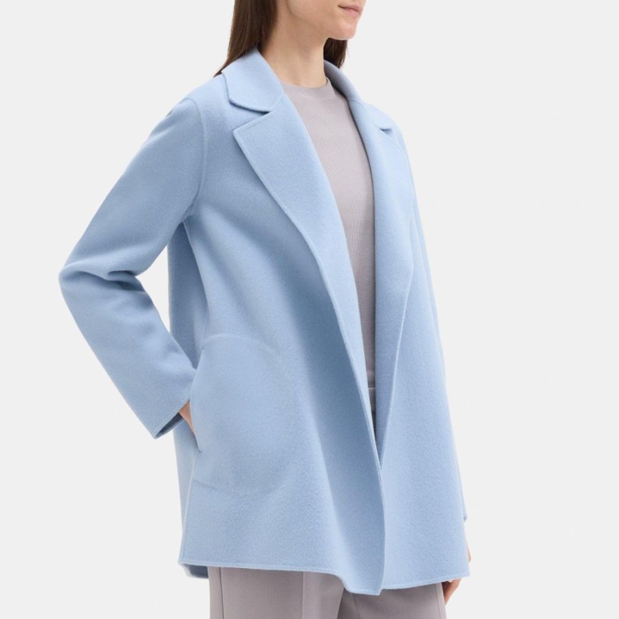 Women Theory Outlet | Open Front Coat In Double-Face Wool-Cashmere Blue Fog Melange