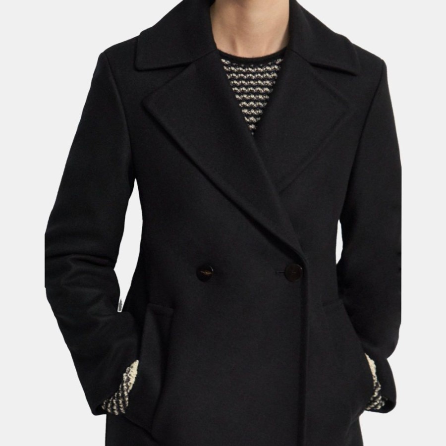 Women Theory Outlet | Sculpted Peacoat In Recycled Wool Melton Black