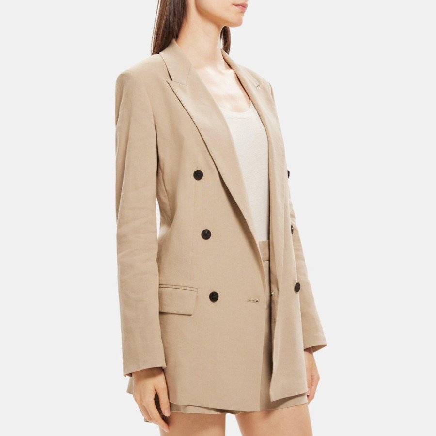 Women Theory Outlet | Double-Breasted Blazer In Linen-Blend Taupe