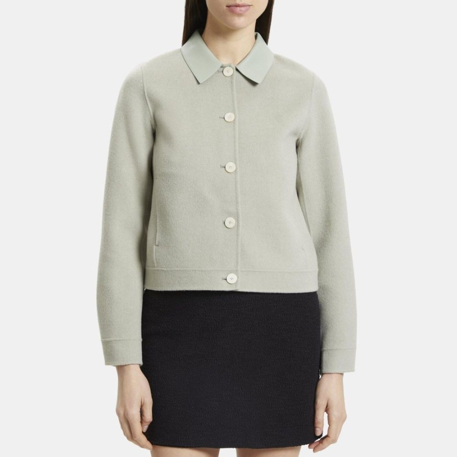 Women Theory Outlet | Cropped Jacket In Wool-Cashmere Mist Green Mel