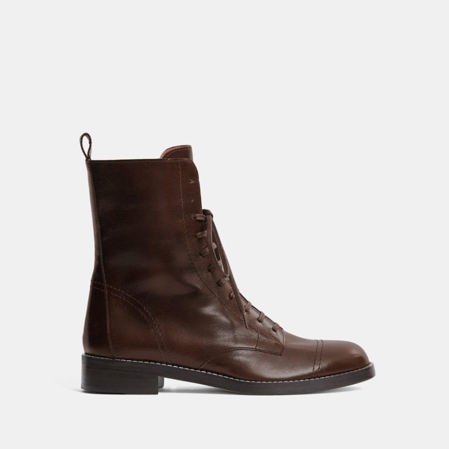 Women Theory Outlet | Laced Boot In Satin Leather Brown