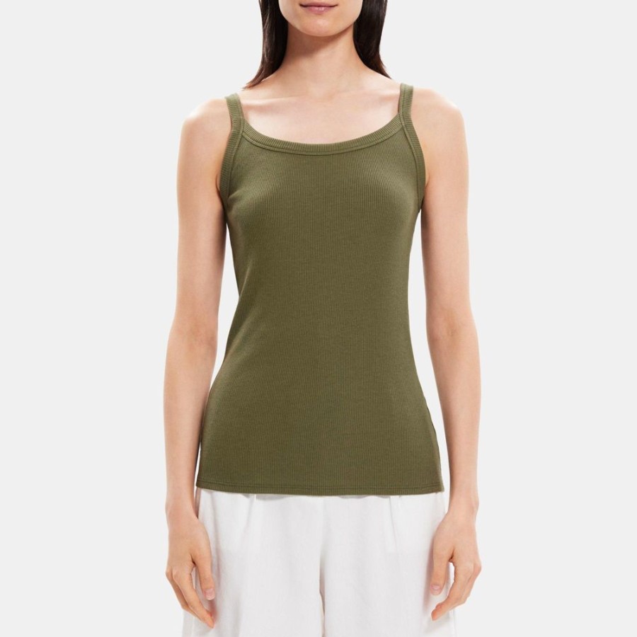 Women Theory Outlet | Scoop Neck Tank In Ribbed Modal Cotton Burnt Olive