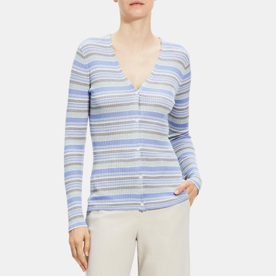 Women Theory Outlet | Striped Cardigan In Washable Silk Regatta Multi