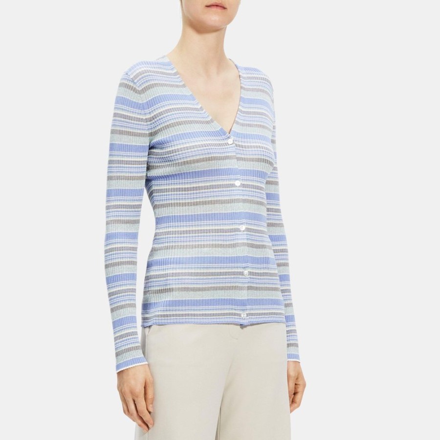 Women Theory Outlet | Striped Cardigan In Washable Silk Regatta Multi