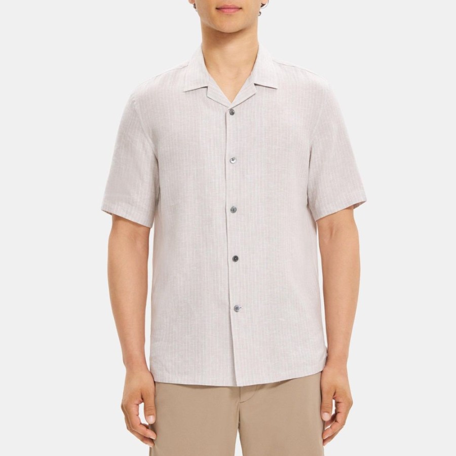 Men Theory Outlet | Short-Sleeve Camp Shirt In Striped Linen-Tencel Grey/White