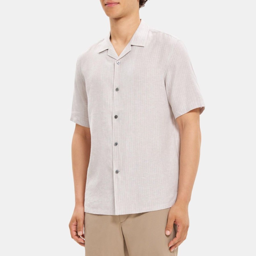 Men Theory Outlet | Short-Sleeve Camp Shirt In Striped Linen-Tencel Grey/White