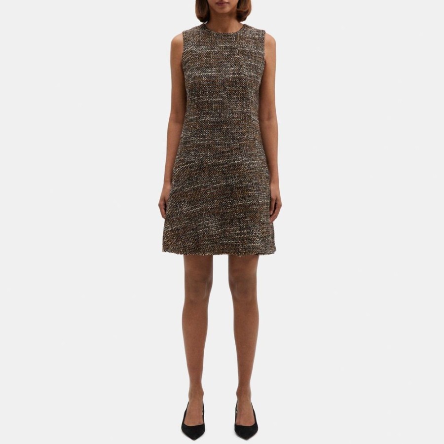 Women Theory Outlet | Asymmetrical Shift Dress In Wool-Blend Tweed Brown Multi