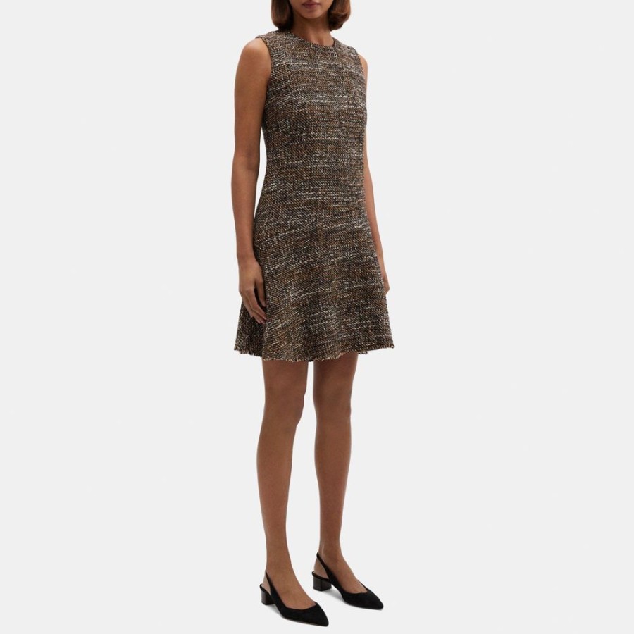 Women Theory Outlet | Asymmetrical Shift Dress In Wool-Blend Tweed Brown Multi