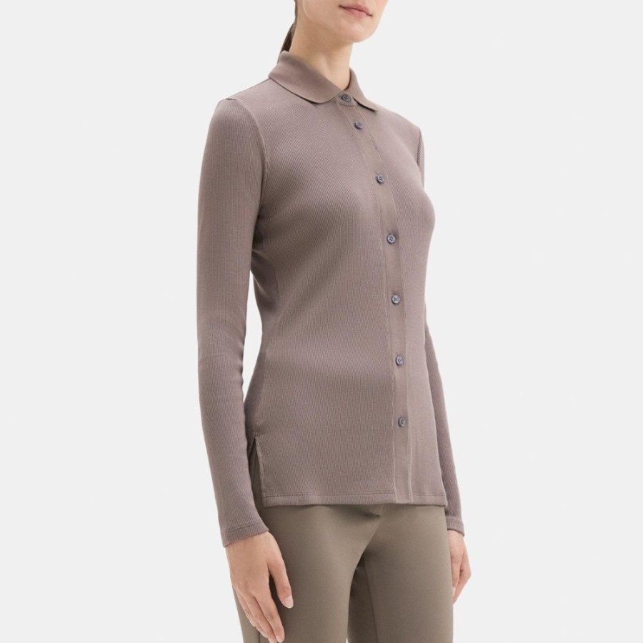 Women Theory Outlet | Slim Fit Shirt In Ribbed Modal Cotton Elm