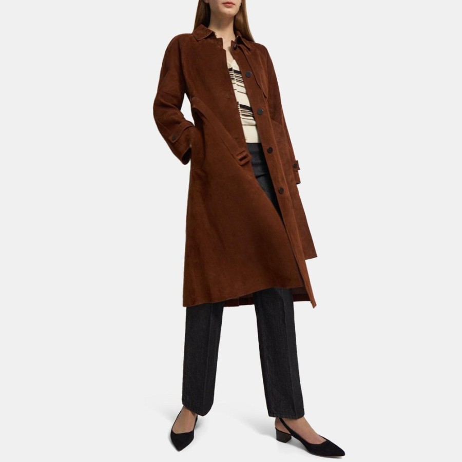 Women Theory Outlet | Belted Trench Coat In Cotton-Bonded Suede Brandy