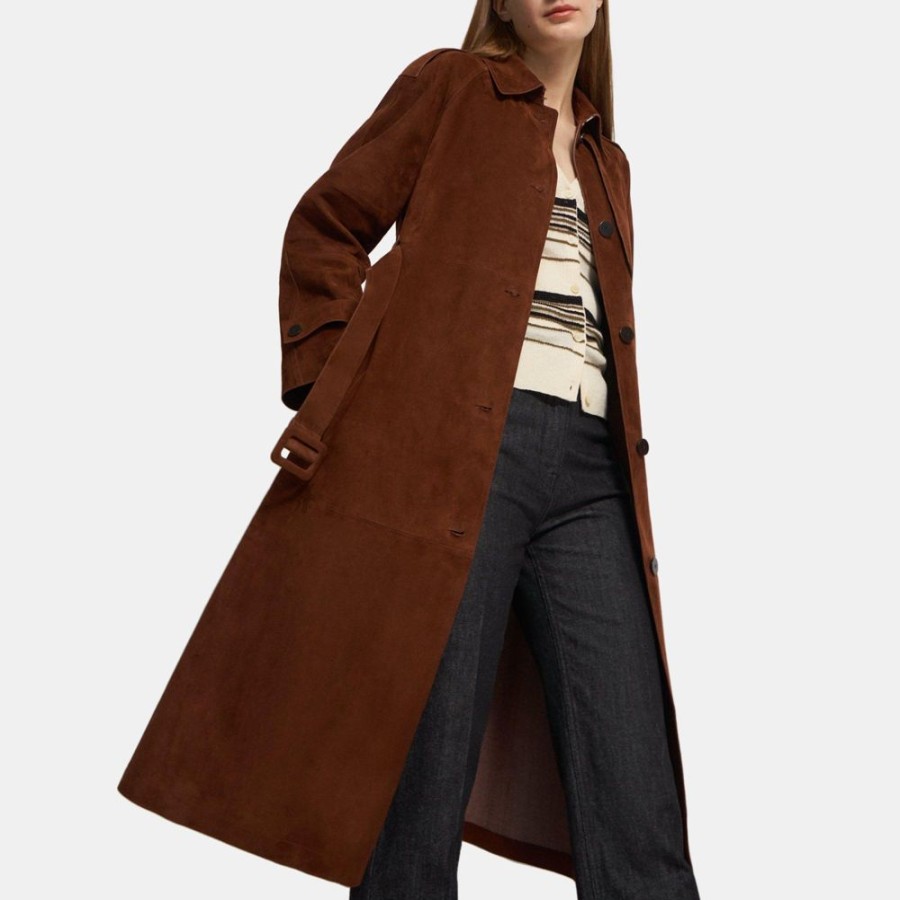 Women Theory Outlet | Belted Trench Coat In Cotton-Bonded Suede Brandy