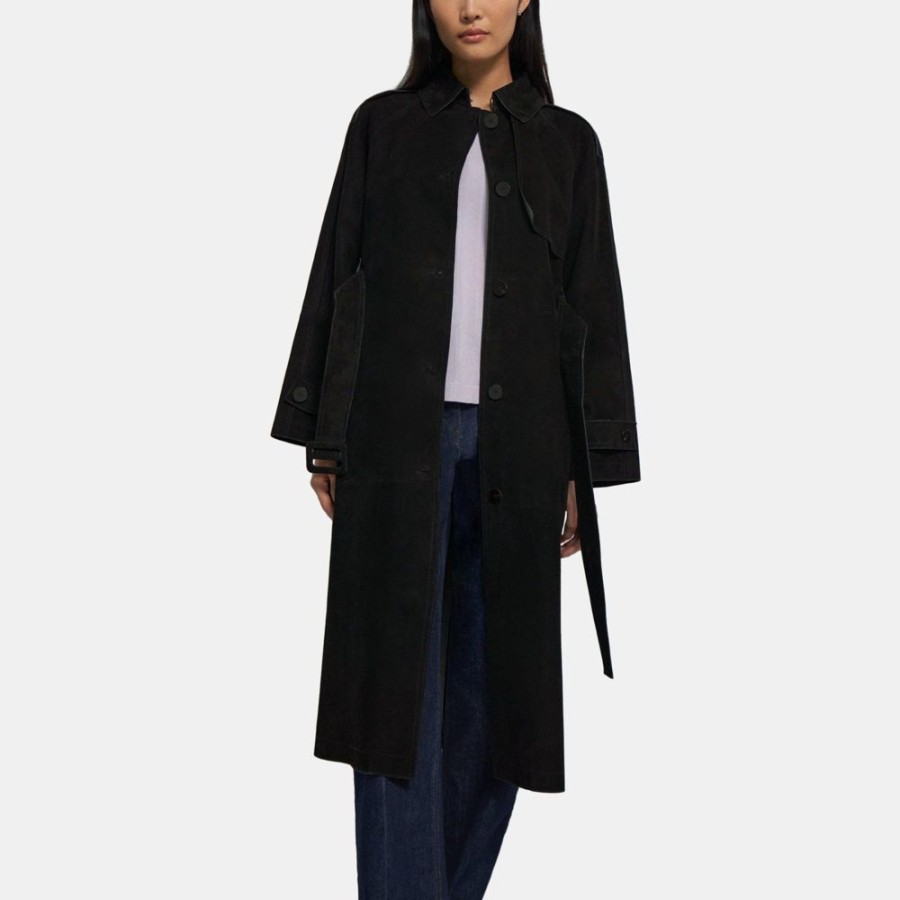 Women Theory Outlet | Belted Trench Coat In Cotton-Bonded Suede Black