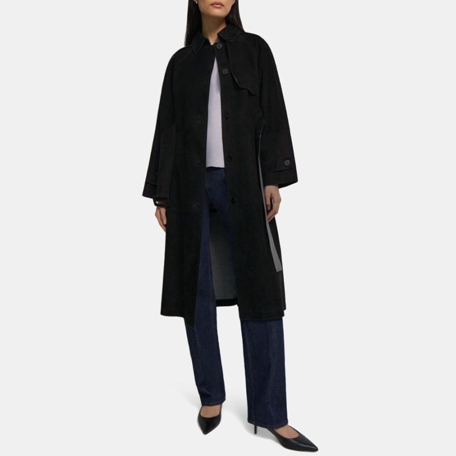 Women Theory Outlet | Belted Trench Coat In Cotton-Bonded Suede Black