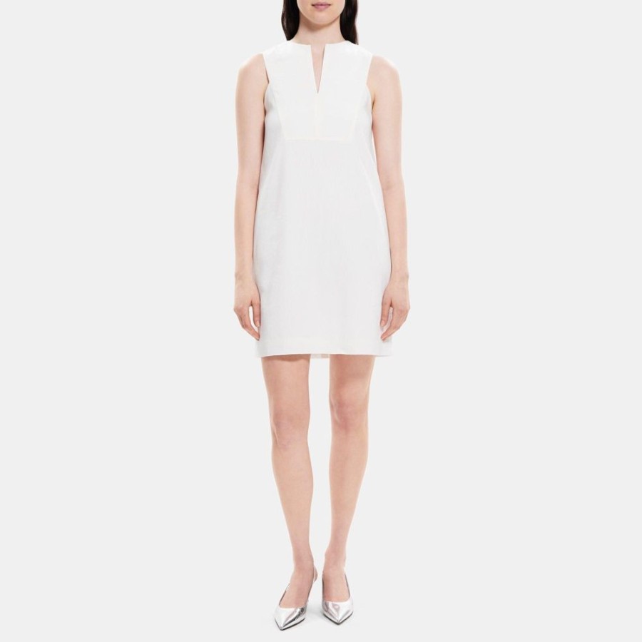 Women Theory Outlet | Slit Shift Dress In Linen-Blend Optic White