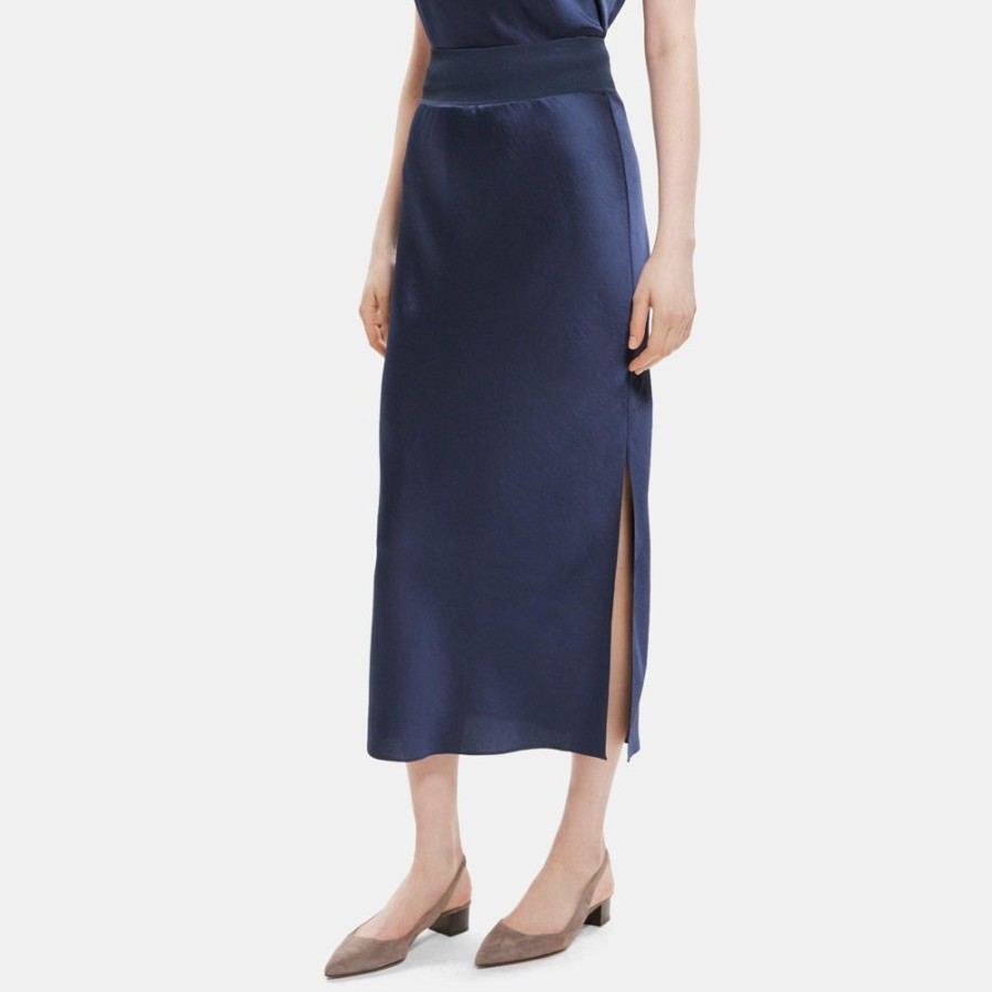 Women Theory Outlet | Maxi Pull-On Skirt In Silky Poly Navy