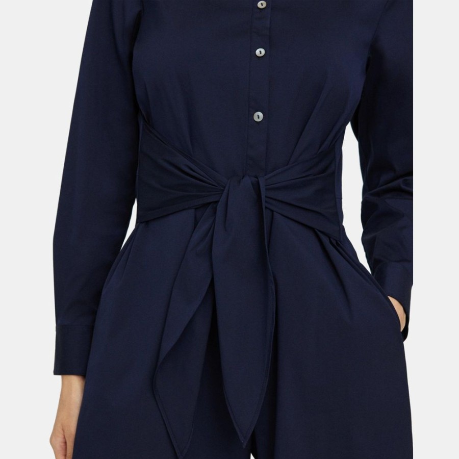 Women Theory Outlet | Tie Waist Romper In Stretch Cotton New Navy