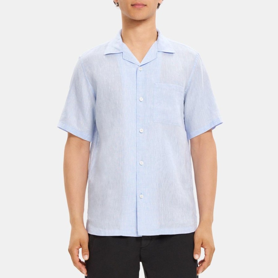 Men Theory Outlet | Camp Collar Shirt In Linen Olympic