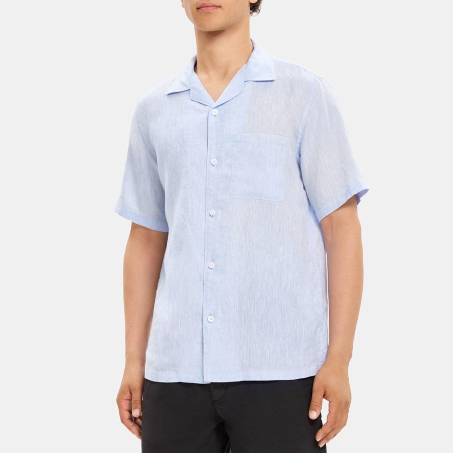 Men Theory Outlet | Camp Collar Shirt In Linen Olympic