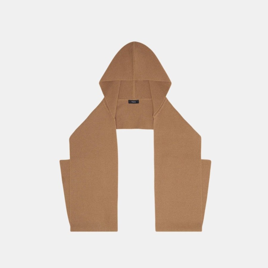 Women Theory Outlet | Hooded Scarf In Ribbed Cashmere Beige Canvas