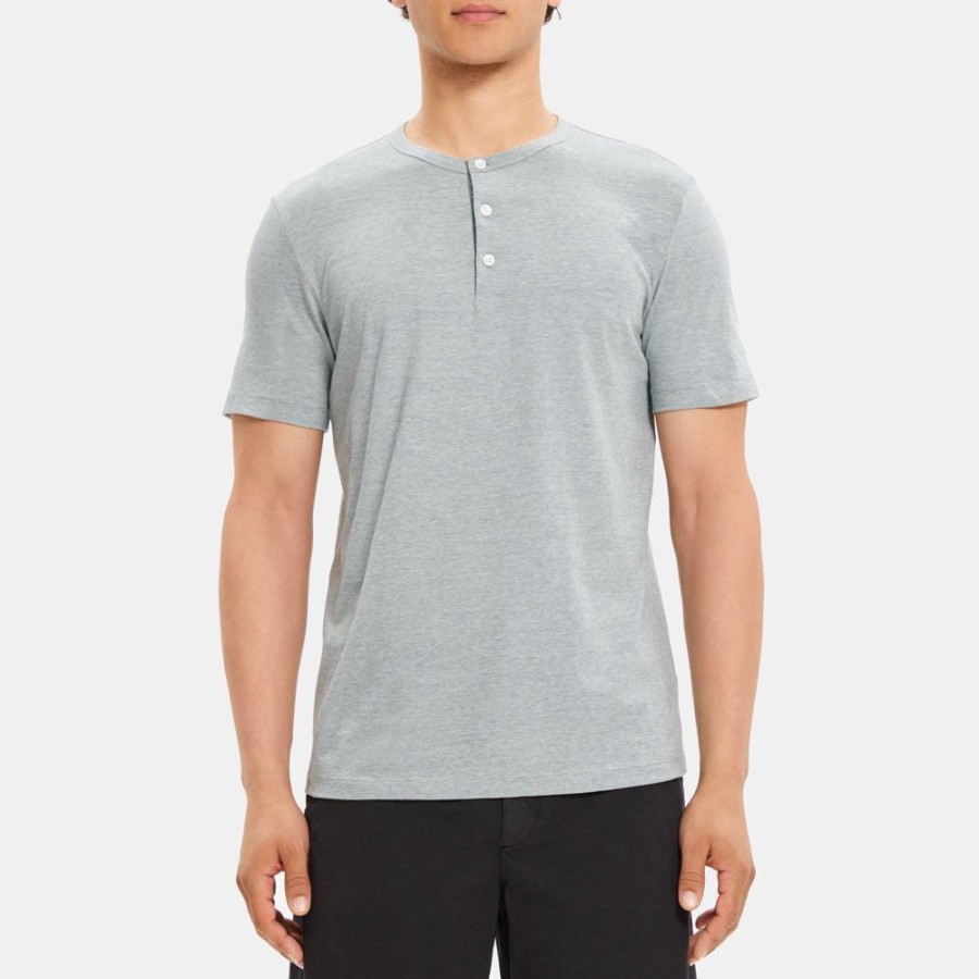 Men Theory Outlet | Henley Short-Sleeve Tee In Cotton Balsam Green/White