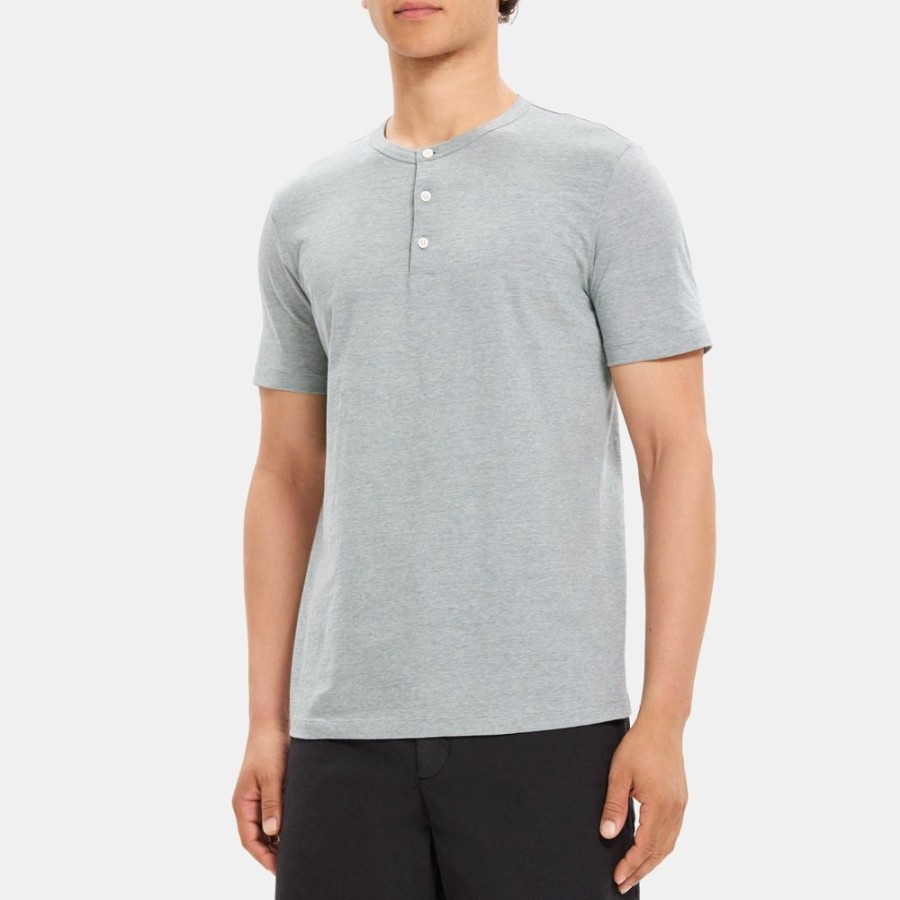 Men Theory Outlet | Henley Short-Sleeve Tee In Cotton Balsam Green/White