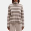 Women Theory Outlet | Striped Turtleneck Sweater In Wool Light Taupe/Dark Taupe