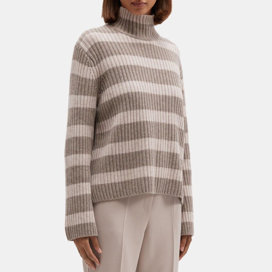 Women Theory Outlet | Striped Turtleneck Sweater In Wool Light Taupe/Dark Taupe