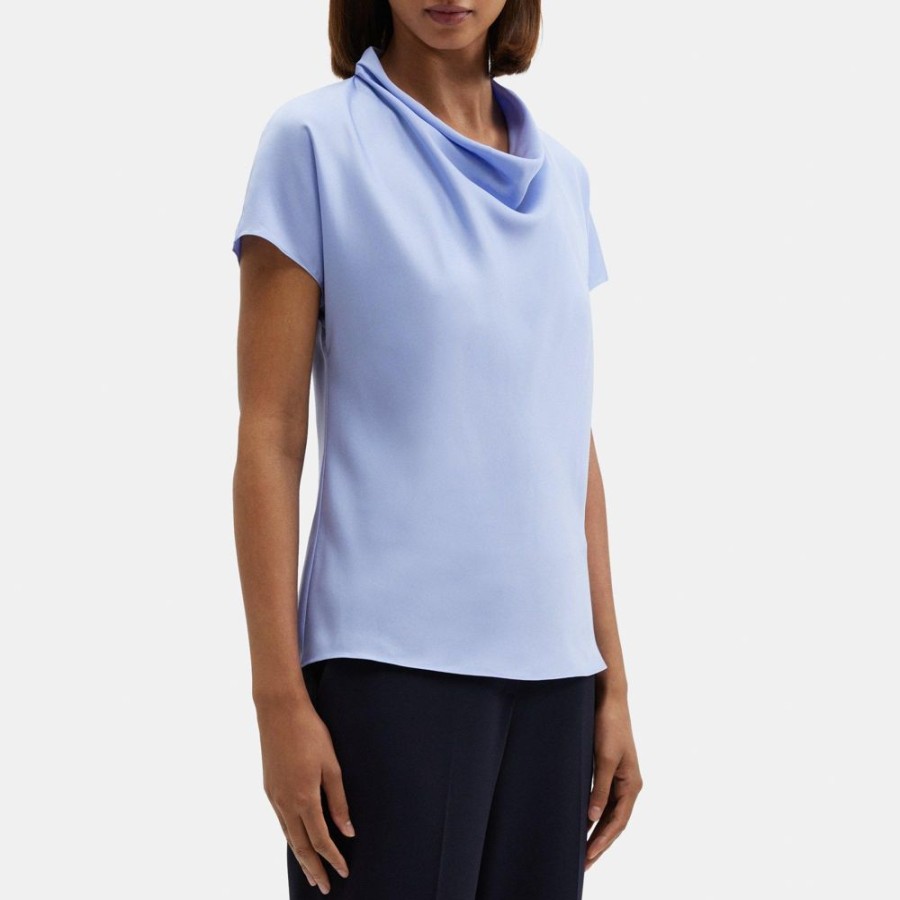 Women Theory Outlet | Short-Sleeve Cowl Top In Silk Georgette Regatta