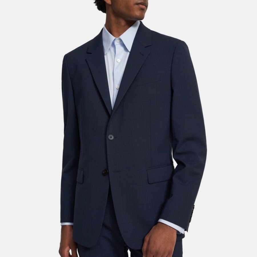 Men Theory Outlet | Structured Blazer In Checked Stretch Wool Navy