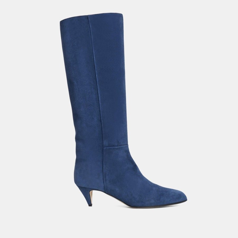 Women Theory Outlet | Knee-High Boot In Waxed Suede Dark Lake